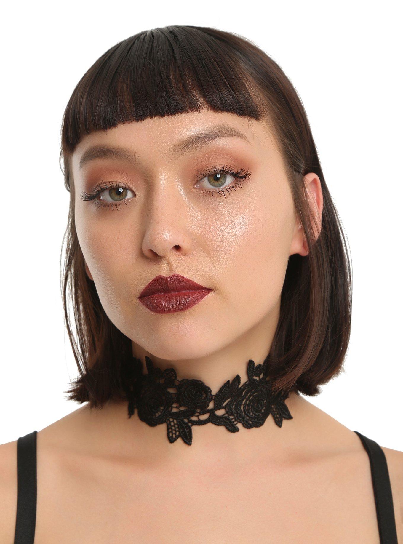 Blackheart Black Crochet Lace Rose Choker, , alternate