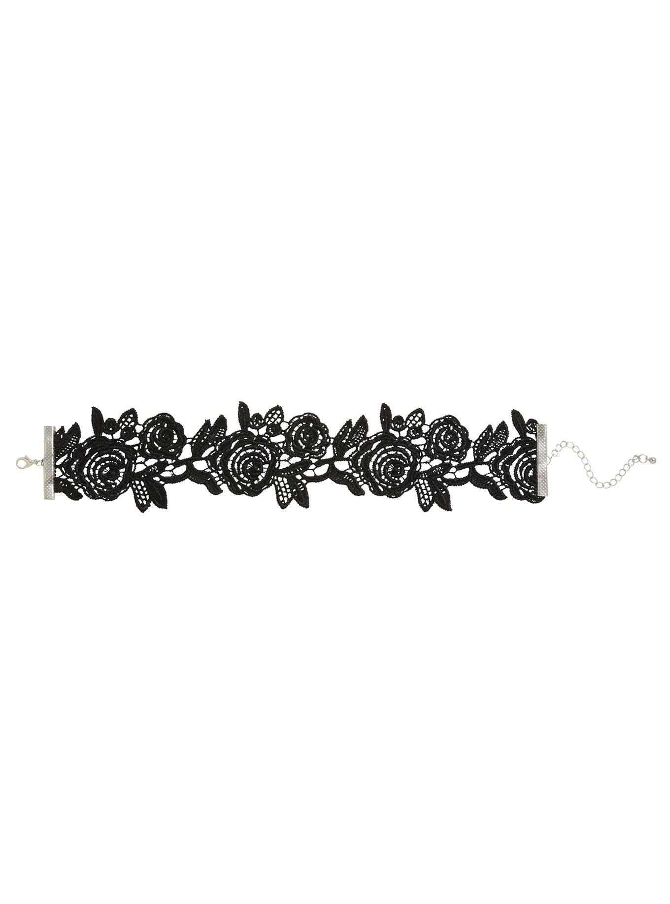 Blackheart Black Crochet Lace Rose Choker, , alternate