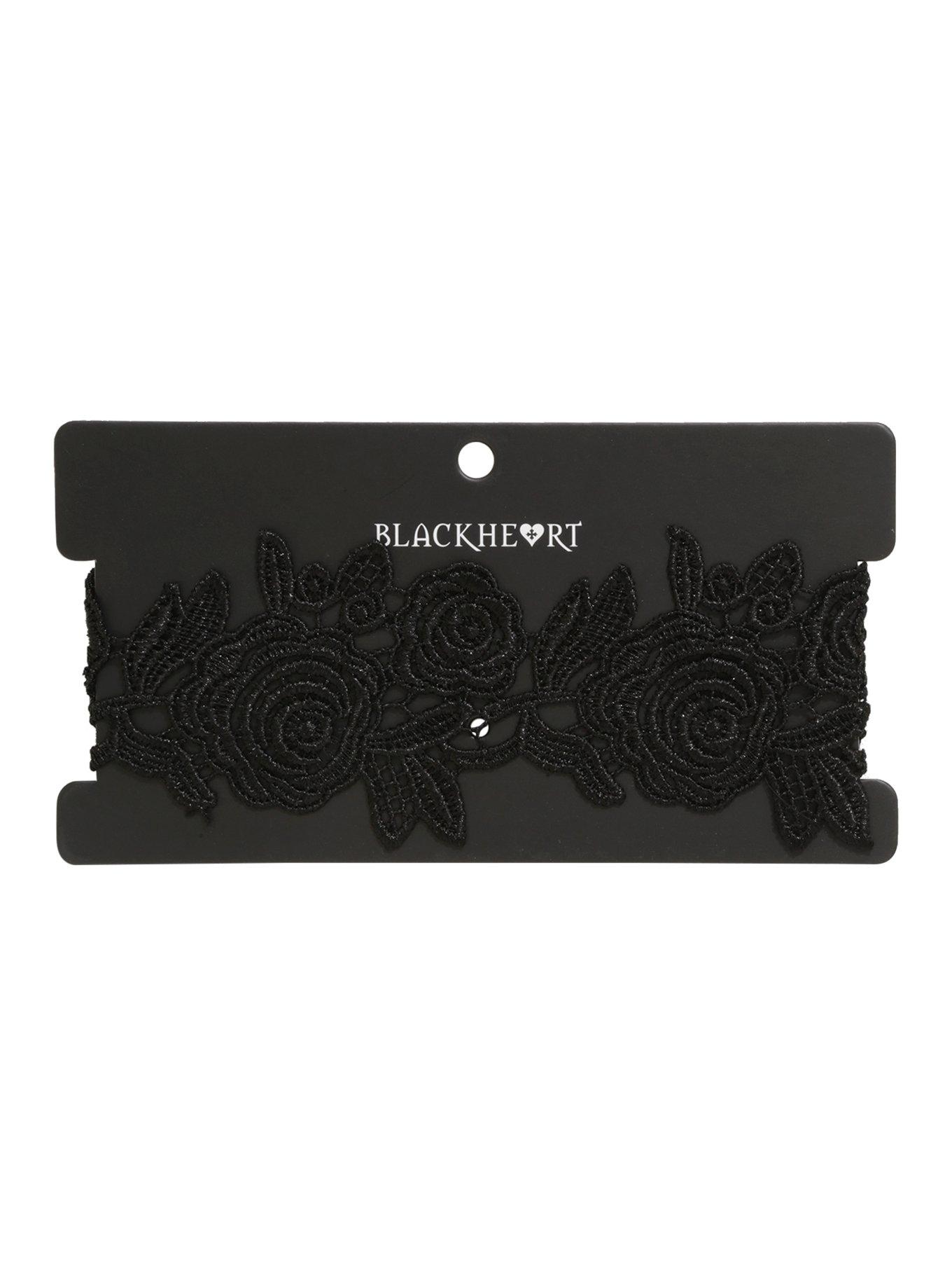 Blackheart Black Crochet Lace Rose Choker, , alternate