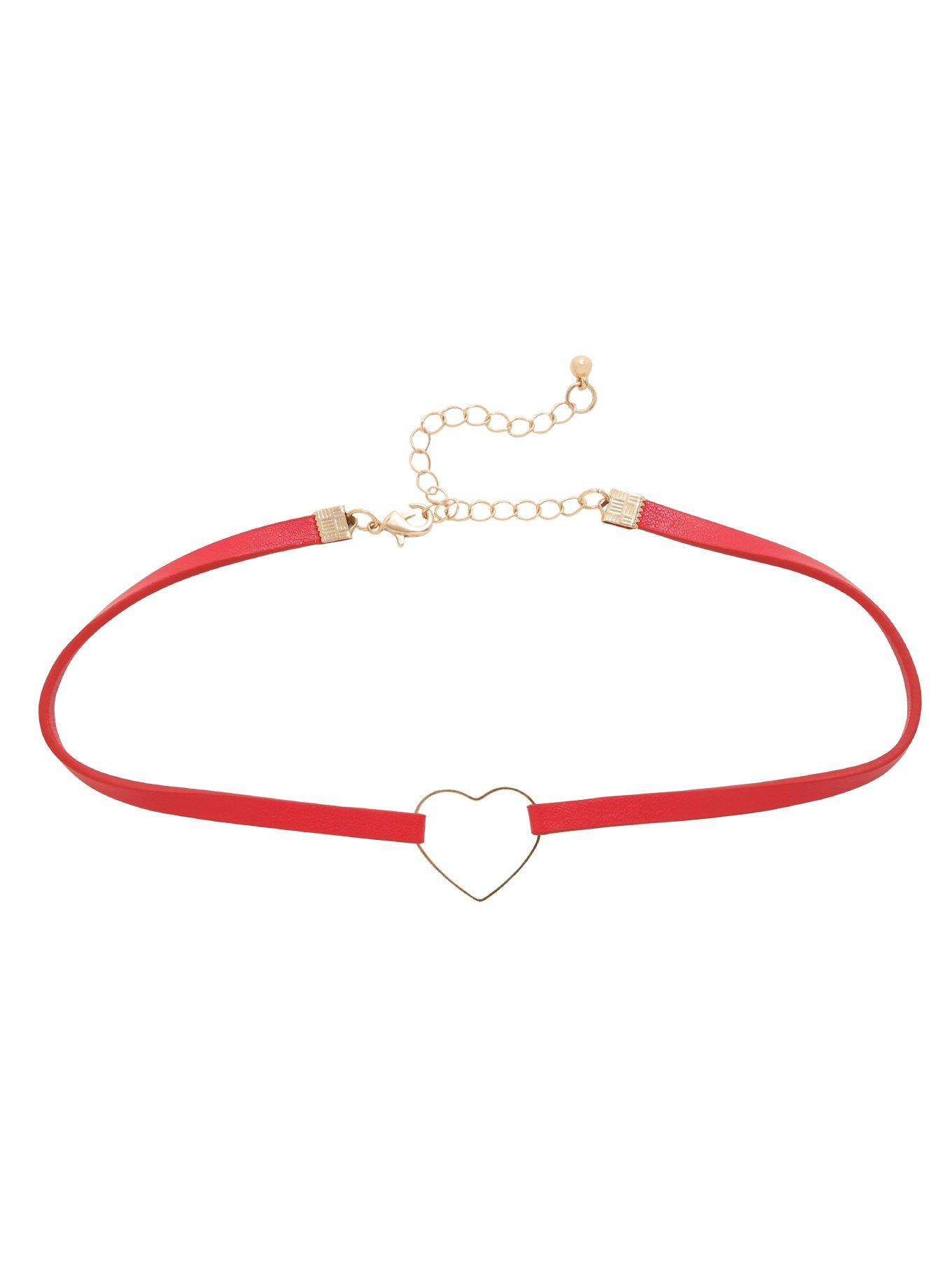 Blackheart Gold Heart Ring Red Thin Faux Leather Choker, , alternate
