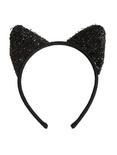 Black Tinsel Cat Ear Headband, , alternate