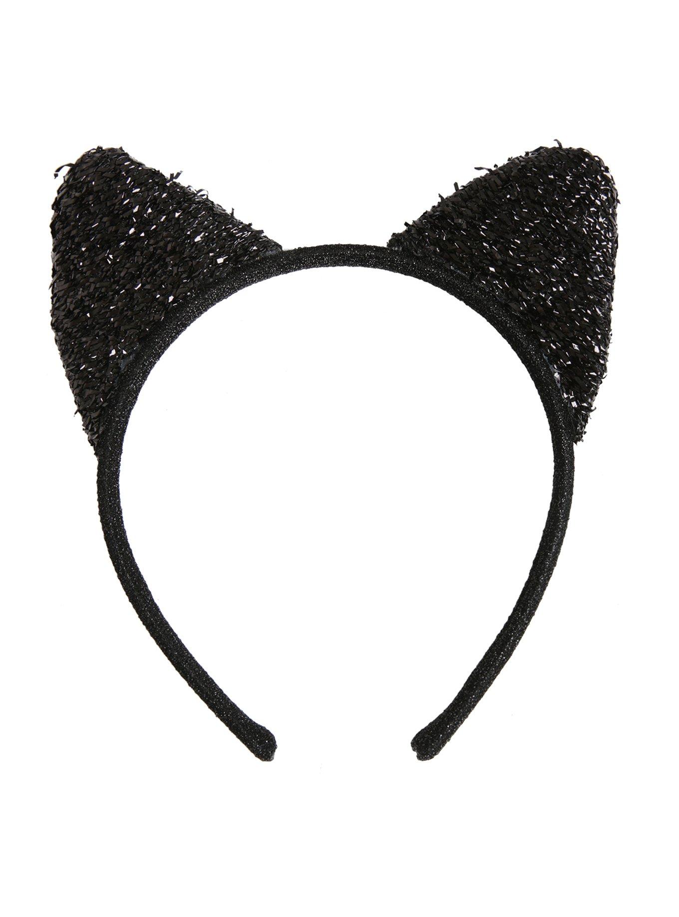 Black Tinsel Cat Ear Headband, , alternate