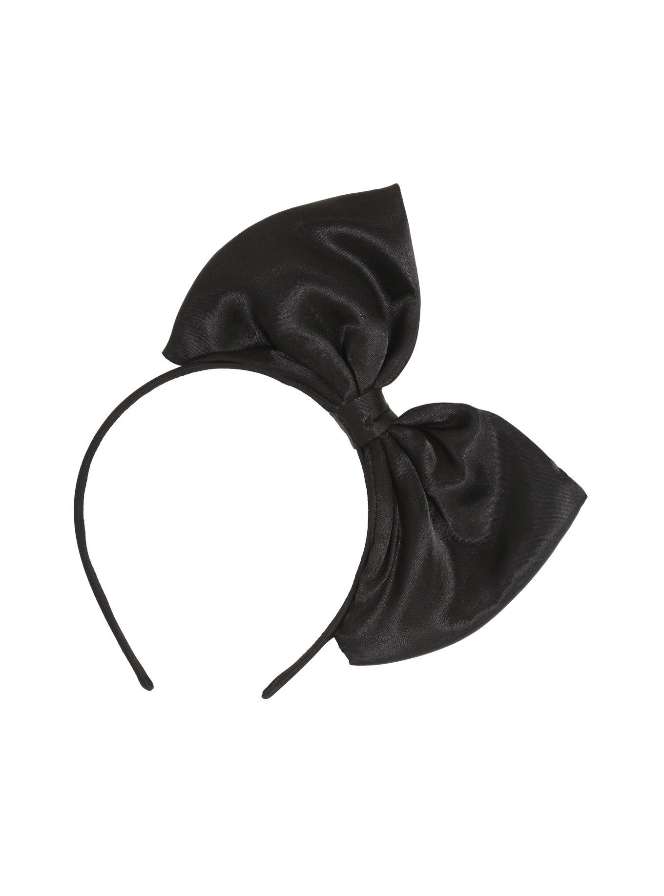 Large Black Satin Bow Headband, , alternate
