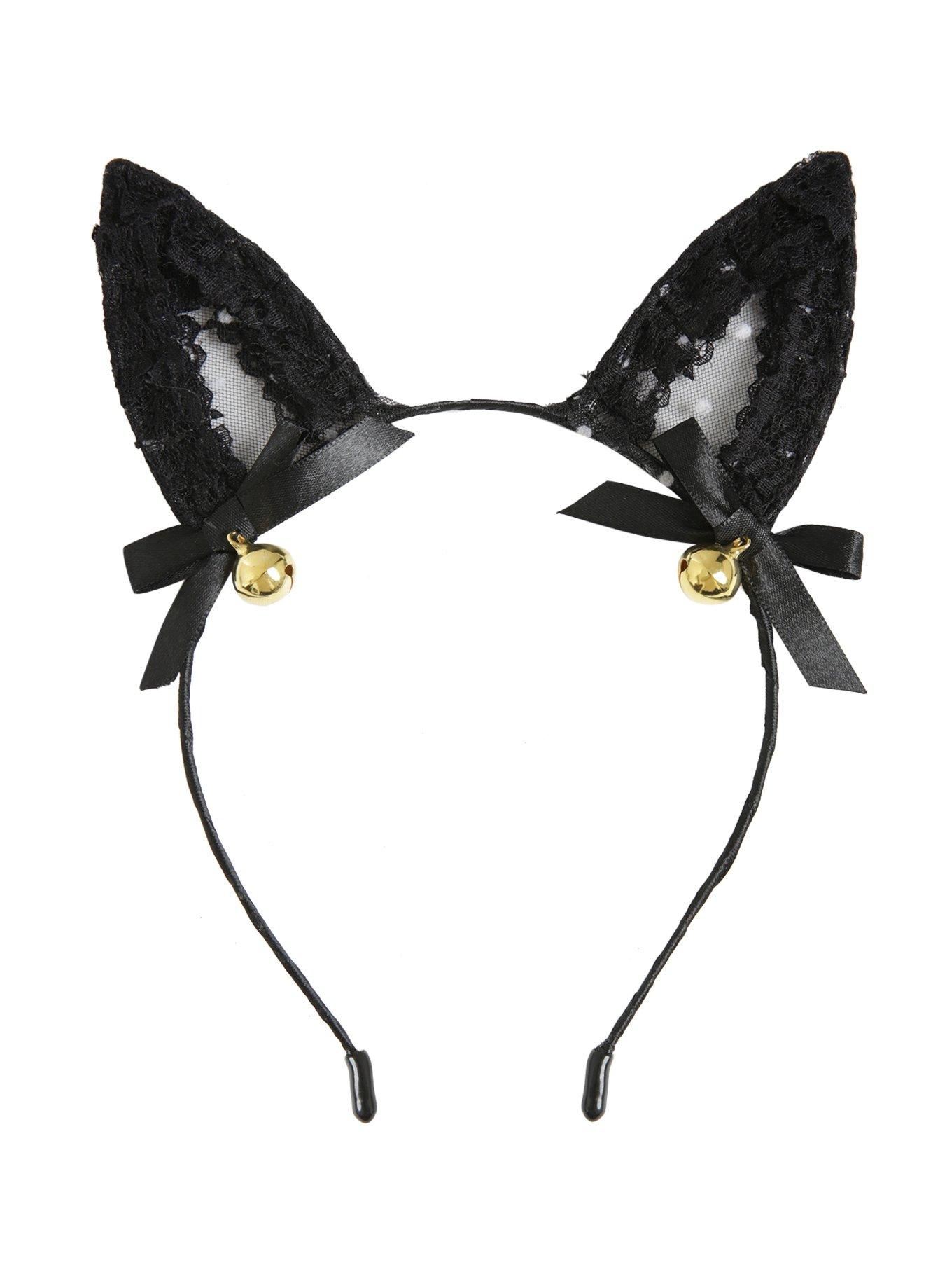 Black Lace & Polka Dots Gold Bells Cat Ear Headband, , alternate