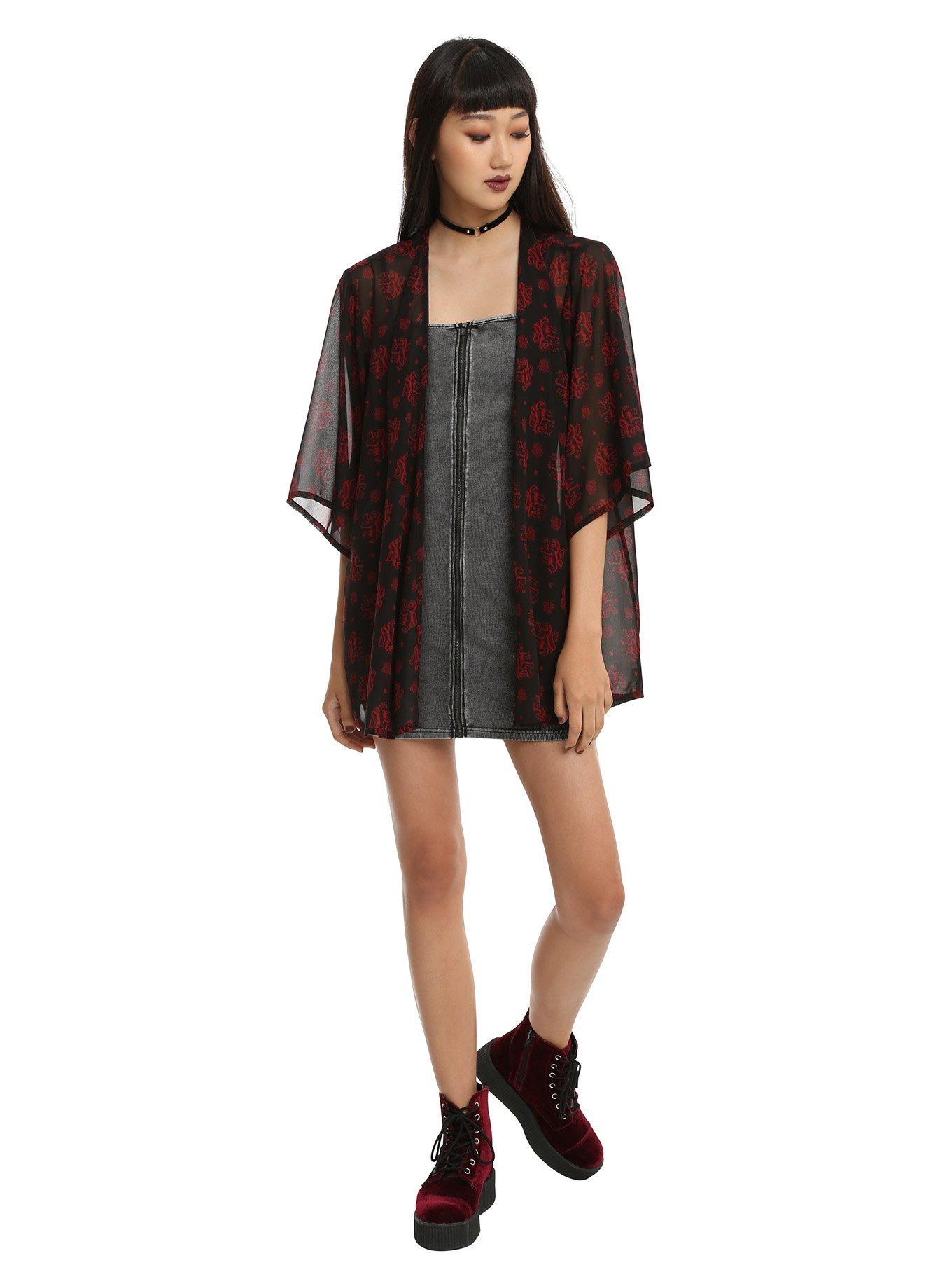 Harry Potter Gryffindor Print Black Chiffon Kimono, , alternate