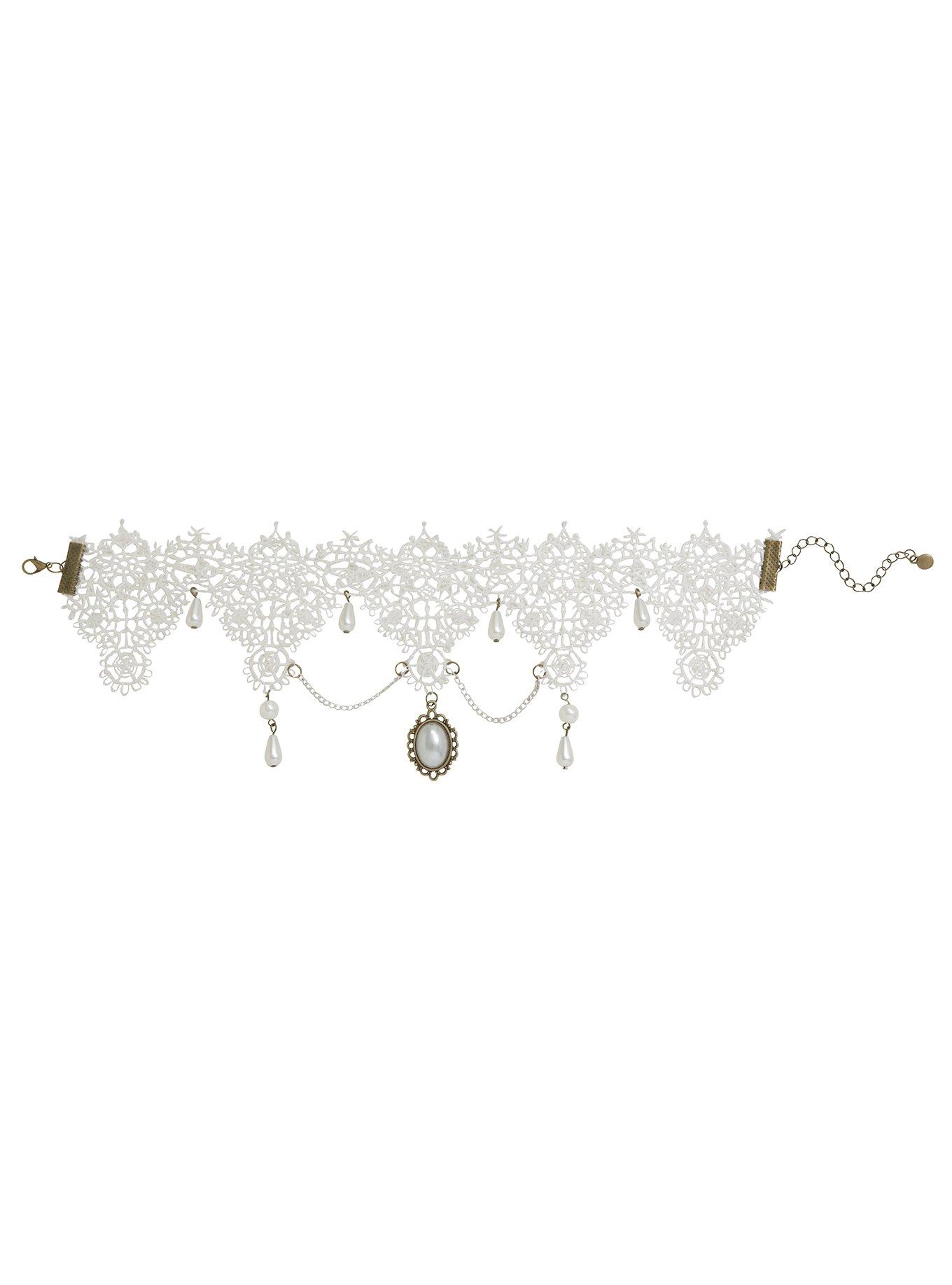 White Lace Drop Pearl Choker, , alternate