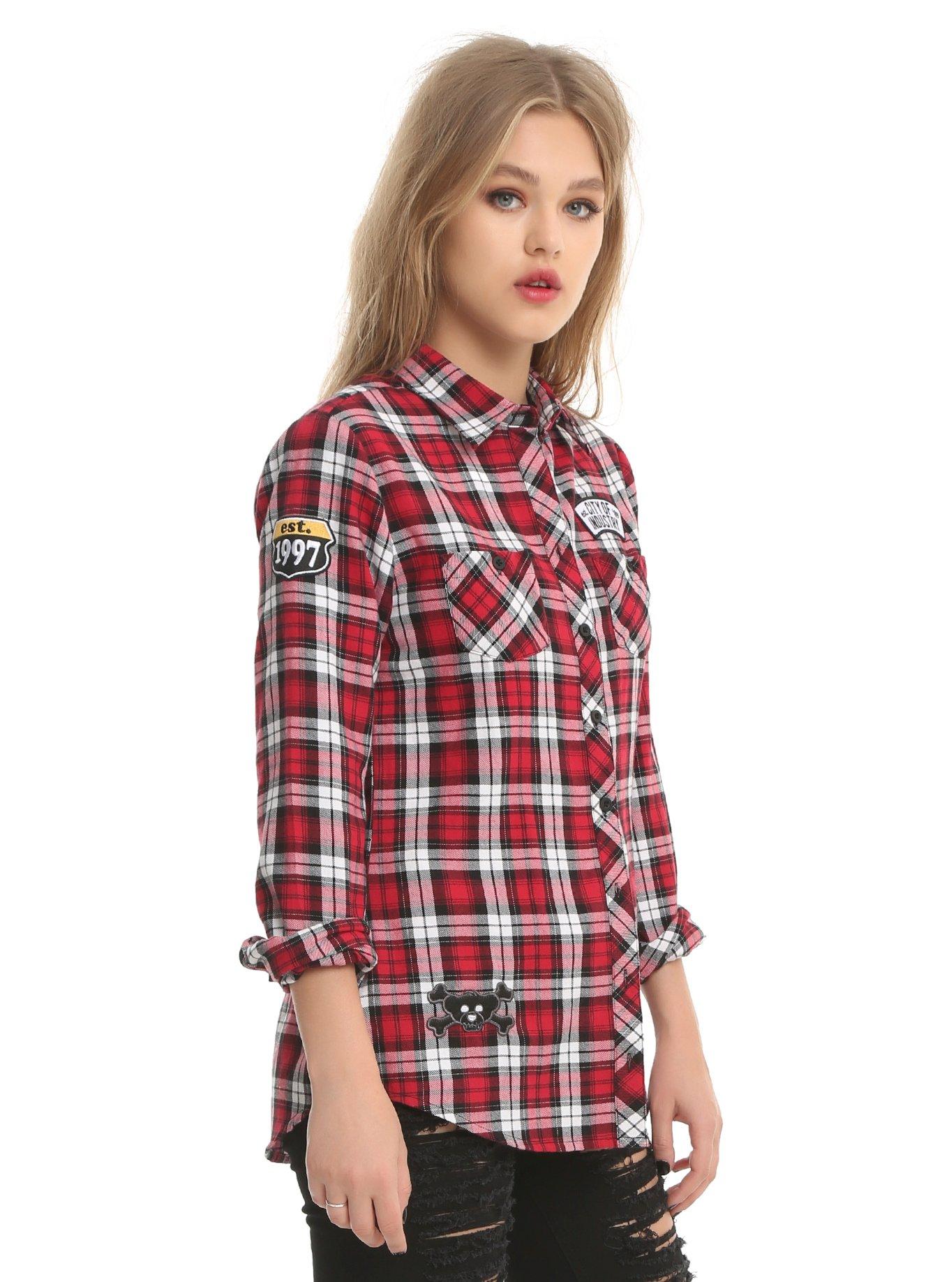 Hot Topic X Build-A-Bear Furry N’ Fierce Established Plaid Girls Woven Button-Up, , alternate