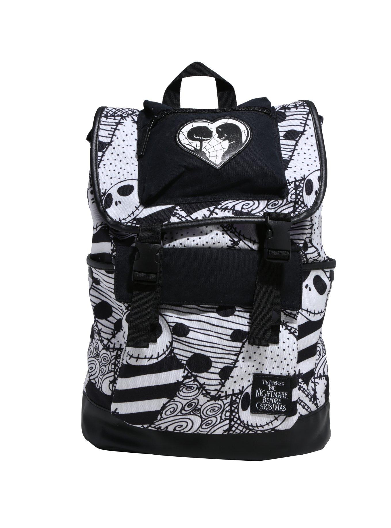 The Nightmare Before Christmas Black & White Jack & Sally Dress Print Slouch Backpack, , alternate