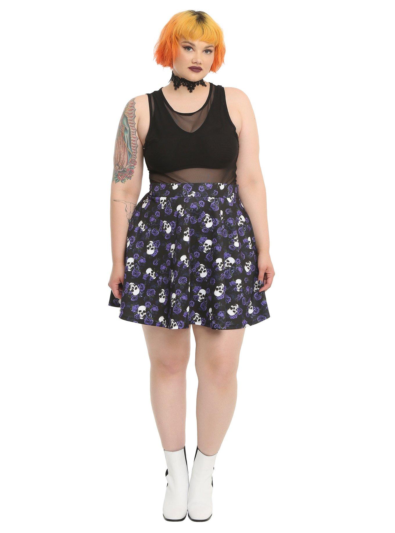 Floral Skull Skater Skirt Plus Size, , alternate