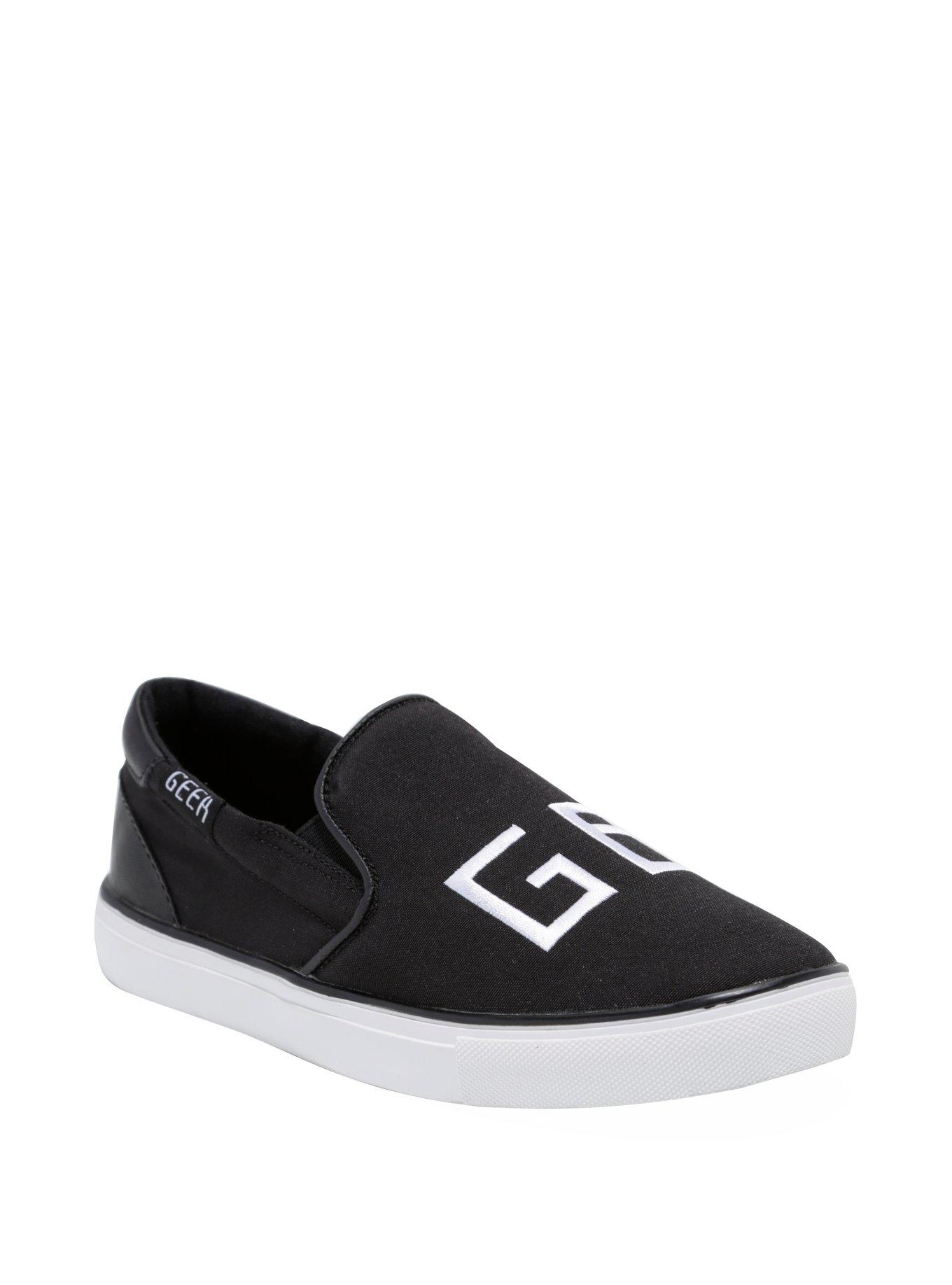 Geek Embroidered Black Slip-On Shoes, , alternate