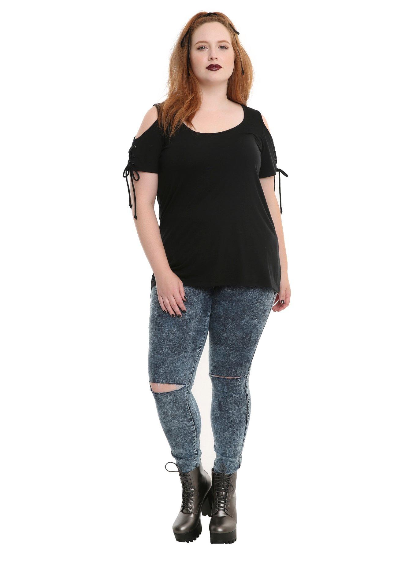 Cold Shoulder Lace-Up Sleeve Girls Top Plus Size, , alternate