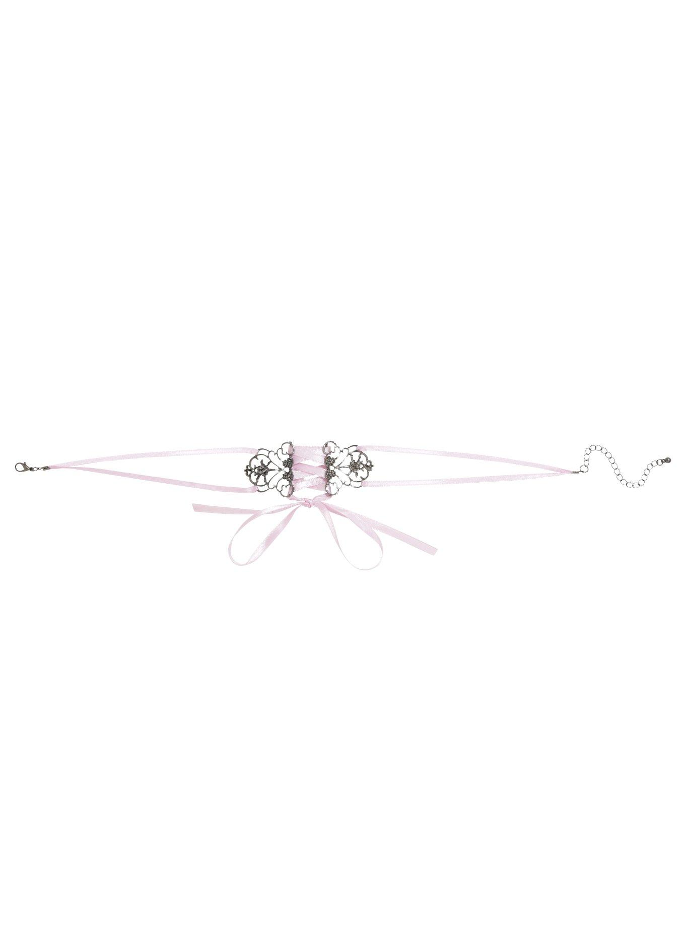 Pastel Pink Ribbon Corset Choker, , alternate