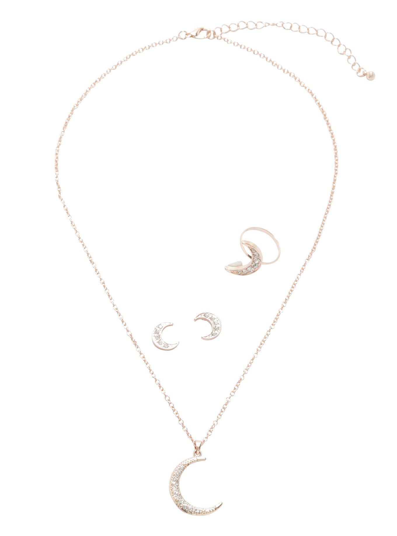 Blackheart Rose Gold Moon Necklace & Earring Set, , alternate