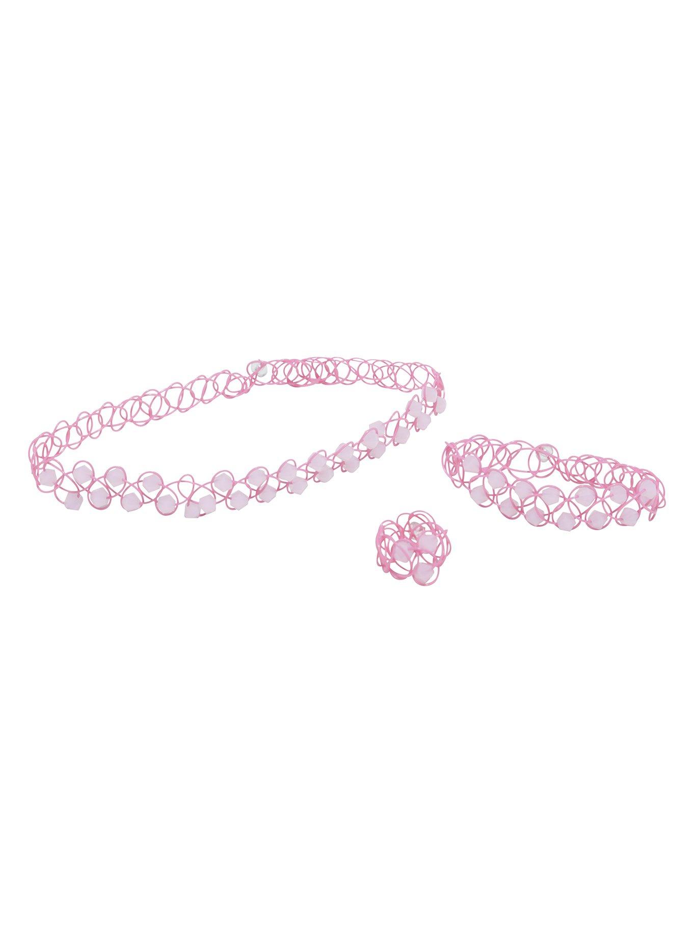 Blackheart Pink Bead Tattoo Choker Bracelet & Ring Set, , alternate