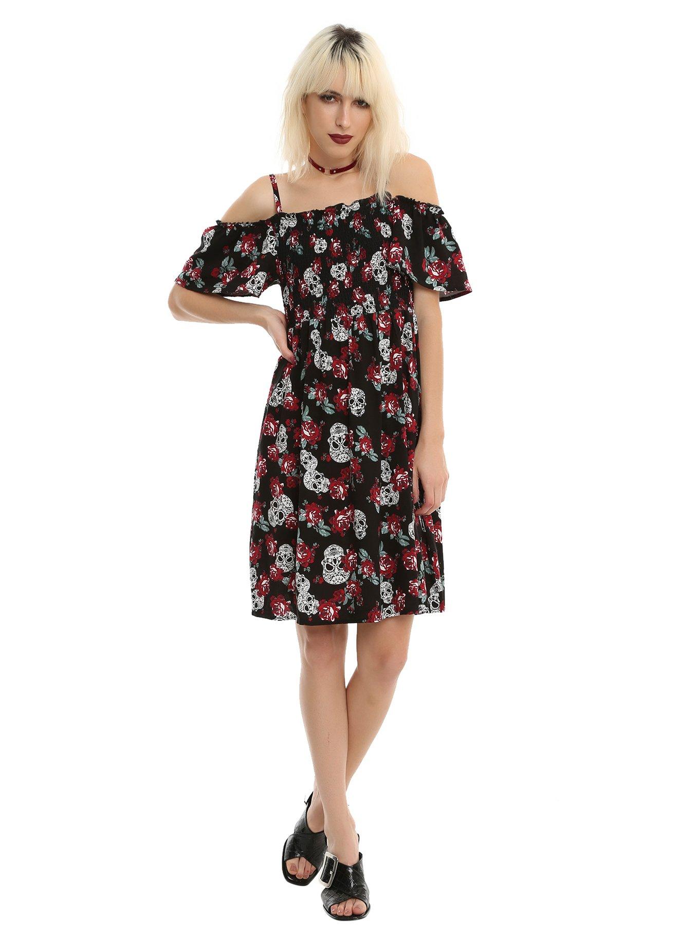 Floral Off The Shoulder Sugar Skull Dress, , alternate