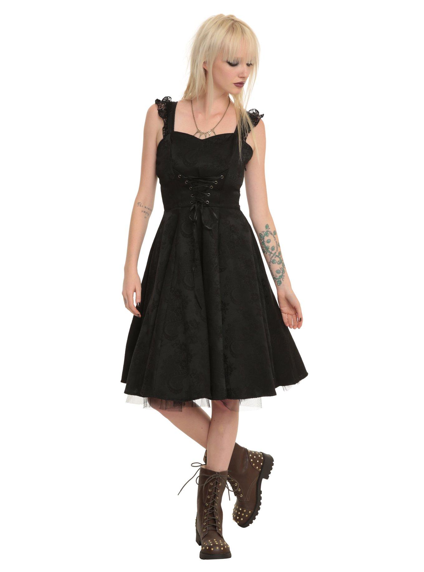 Black Brocade Lace-Up Dress, , alternate