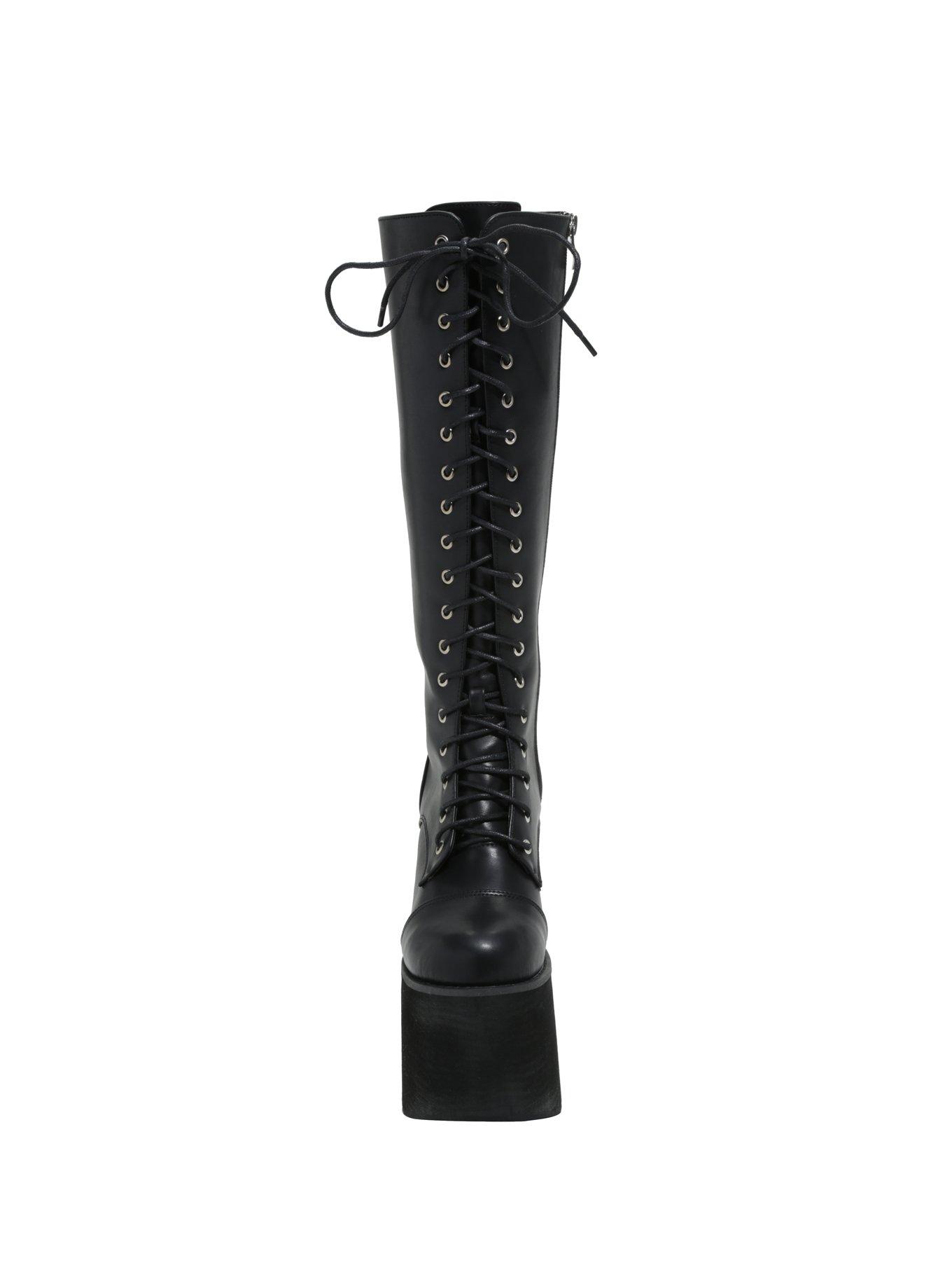 Black Lace-Up Platform Knee-High Boots, , alternate