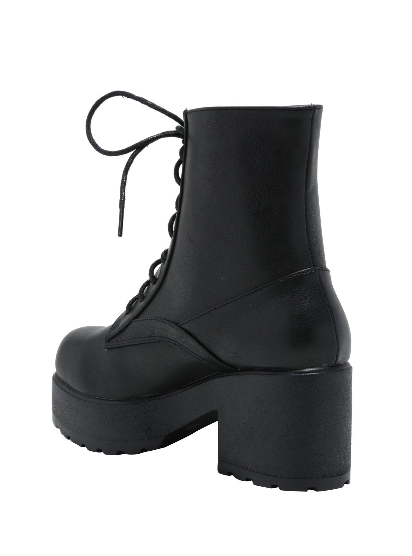 Black Wide Heel Lace-Up Boots, , alternate