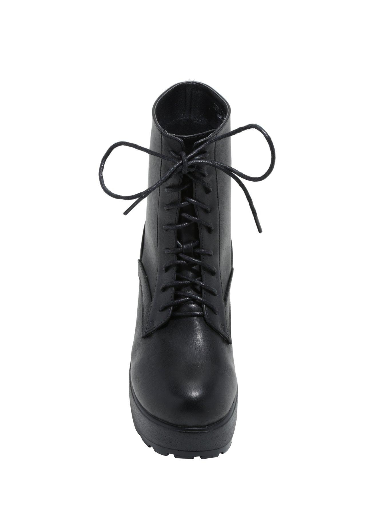 Black Wide Heel Lace-Up Boots, , alternate