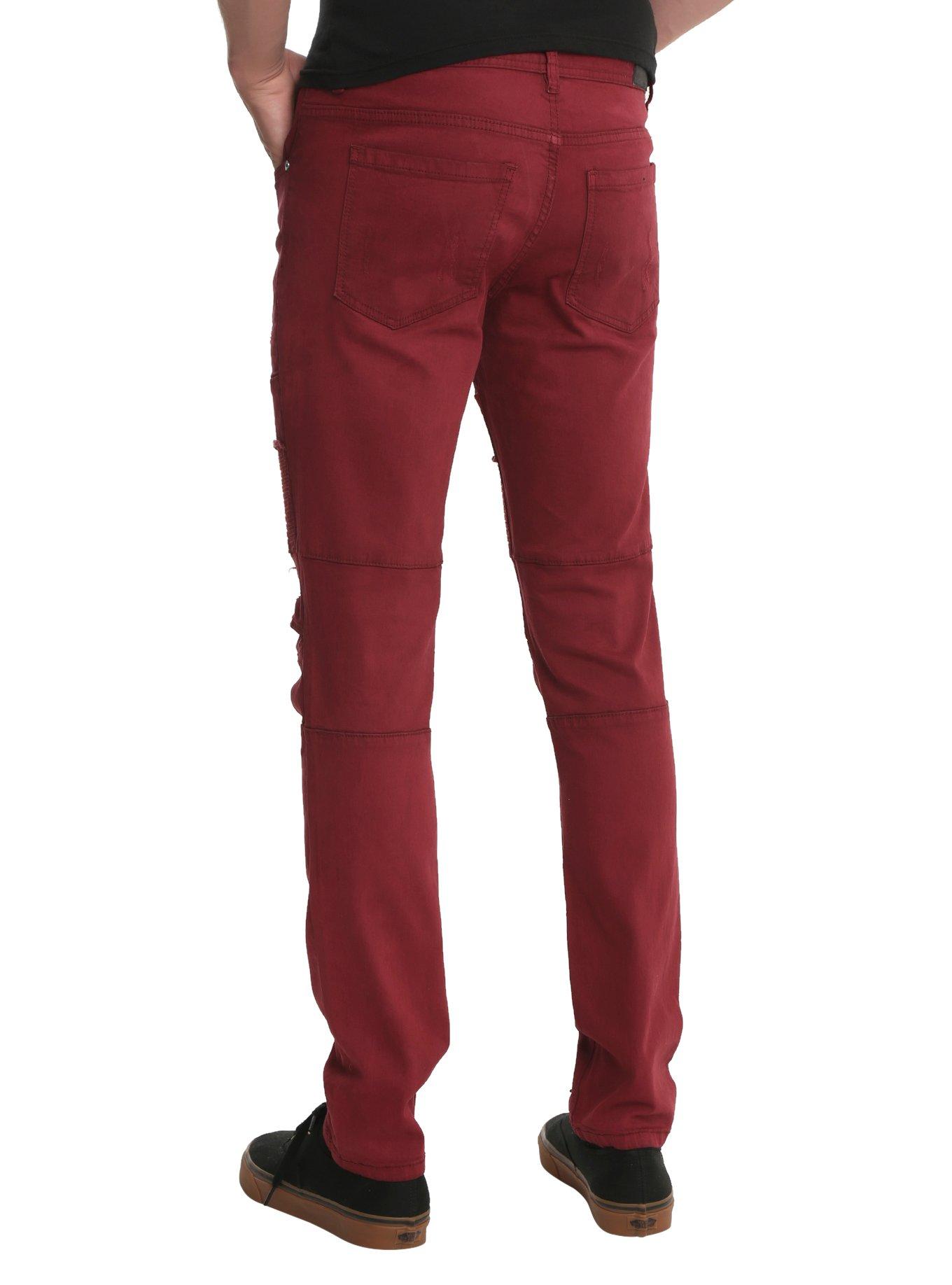 Burgundy 32 Inch Moto Skinny Jeans, , alternate