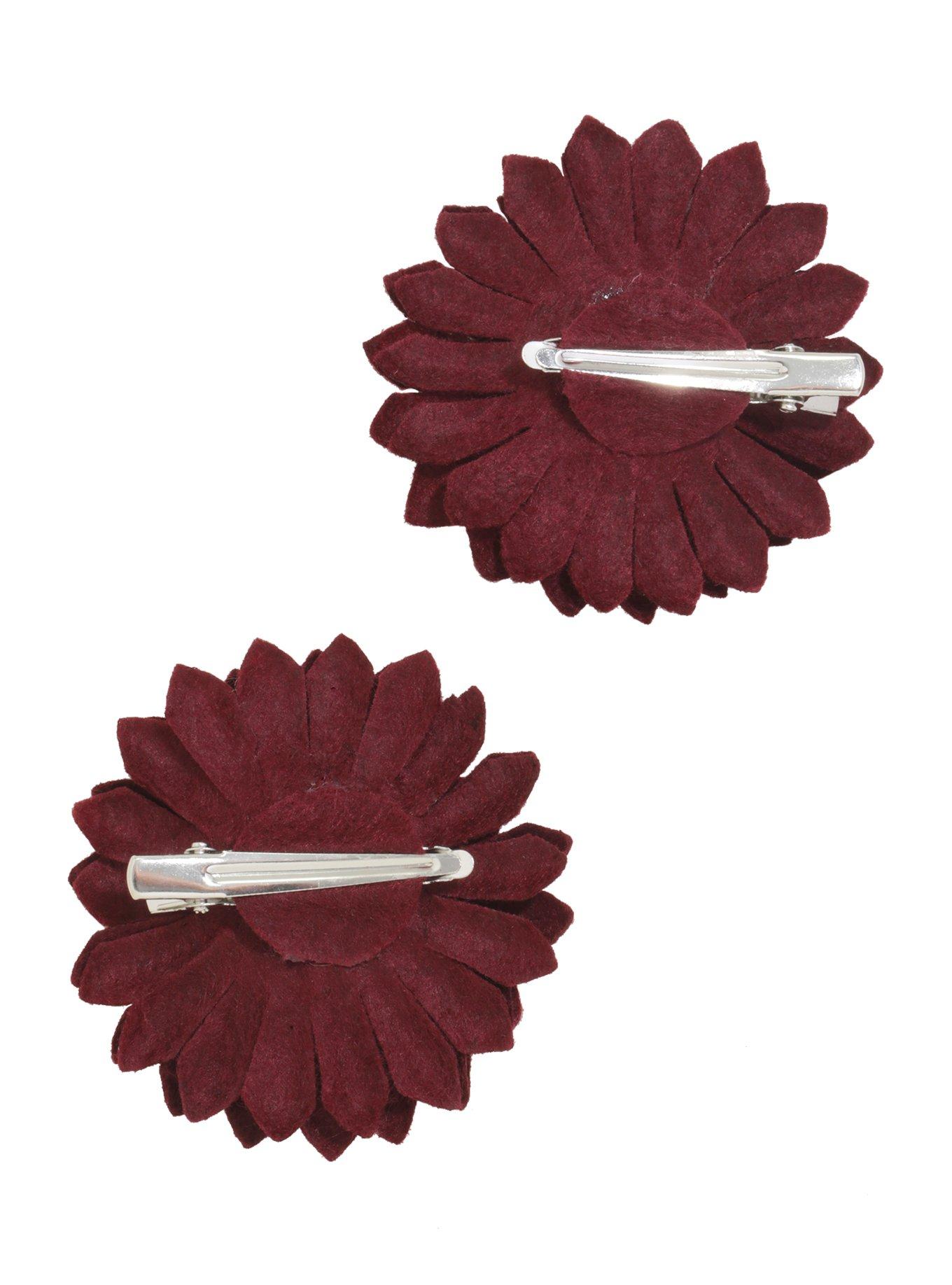 Burgundy Felt Flower Hair Clip Set, , alternate