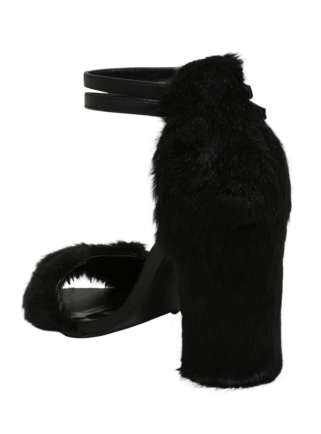 Black Faux Fur Cat Cutout Ankle-Strap Heels, , alternate
