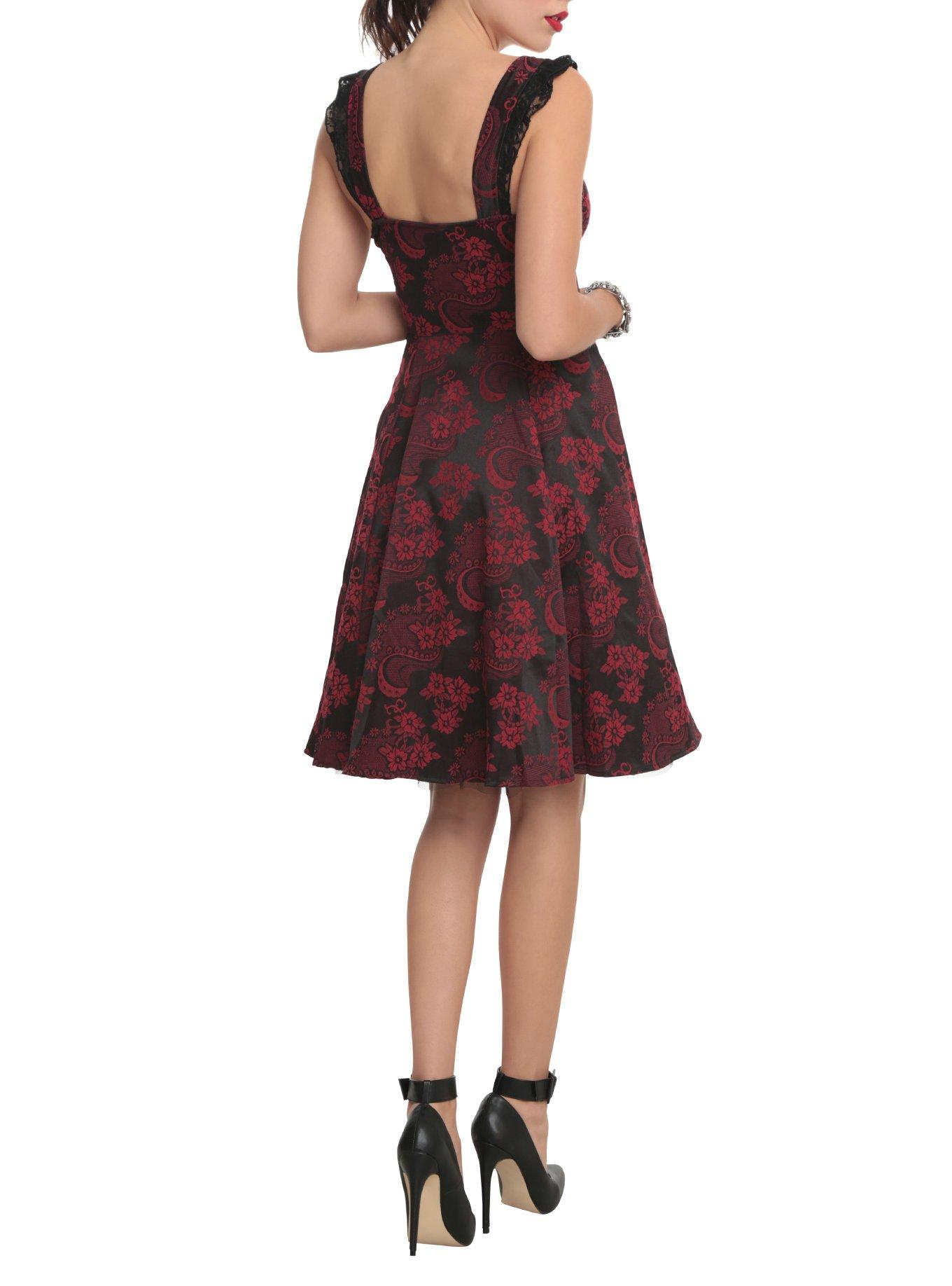 Red & Black Brocade Lace-Up Dress, , hi-res