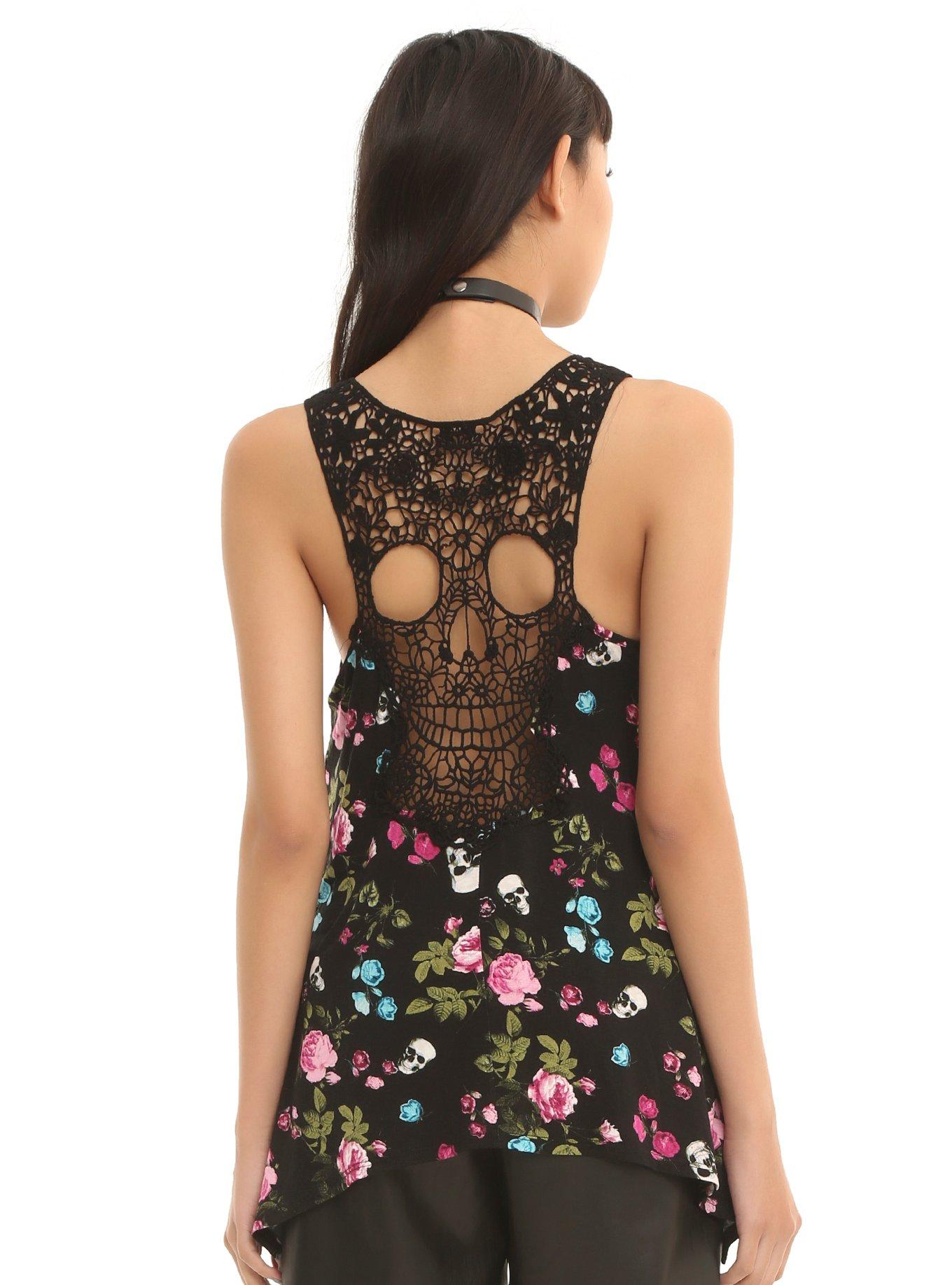 Black Floral Allover Skull Print Crochet Back Girls Tank Top, , alternate