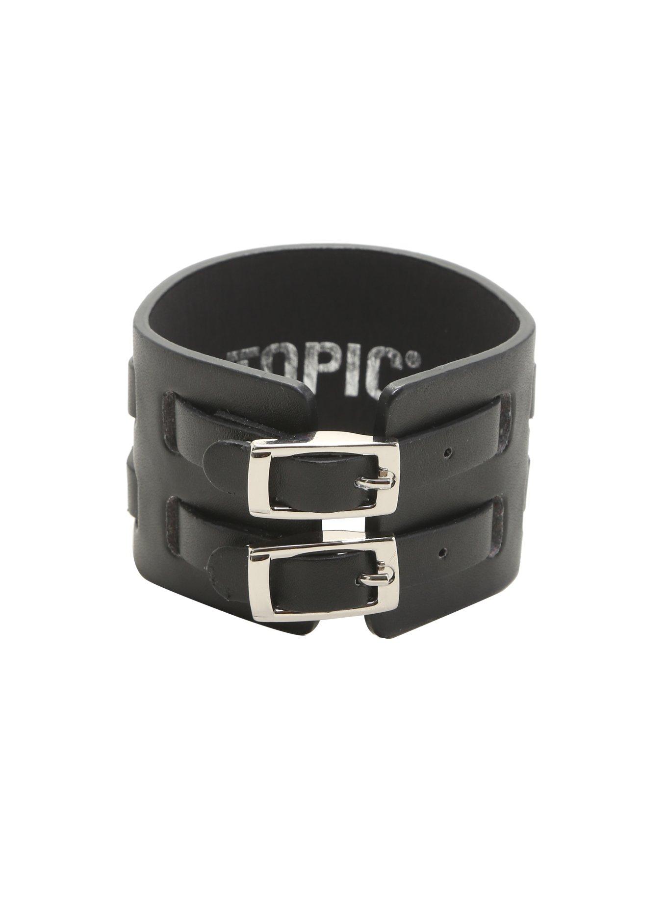 Black Leather Two Strap Weave Cuff, , alternate