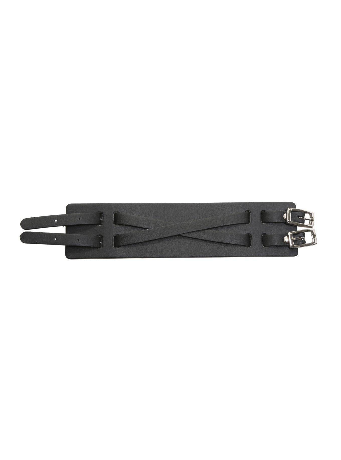 Black Leather Two Strap Weave Cuff, , alternate