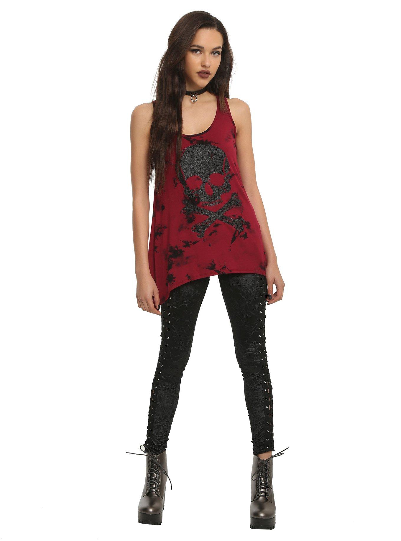 Red & Black Glitter Skull And Crossbones Tie Dye Girls Sharkbite Tank Top, , alternate