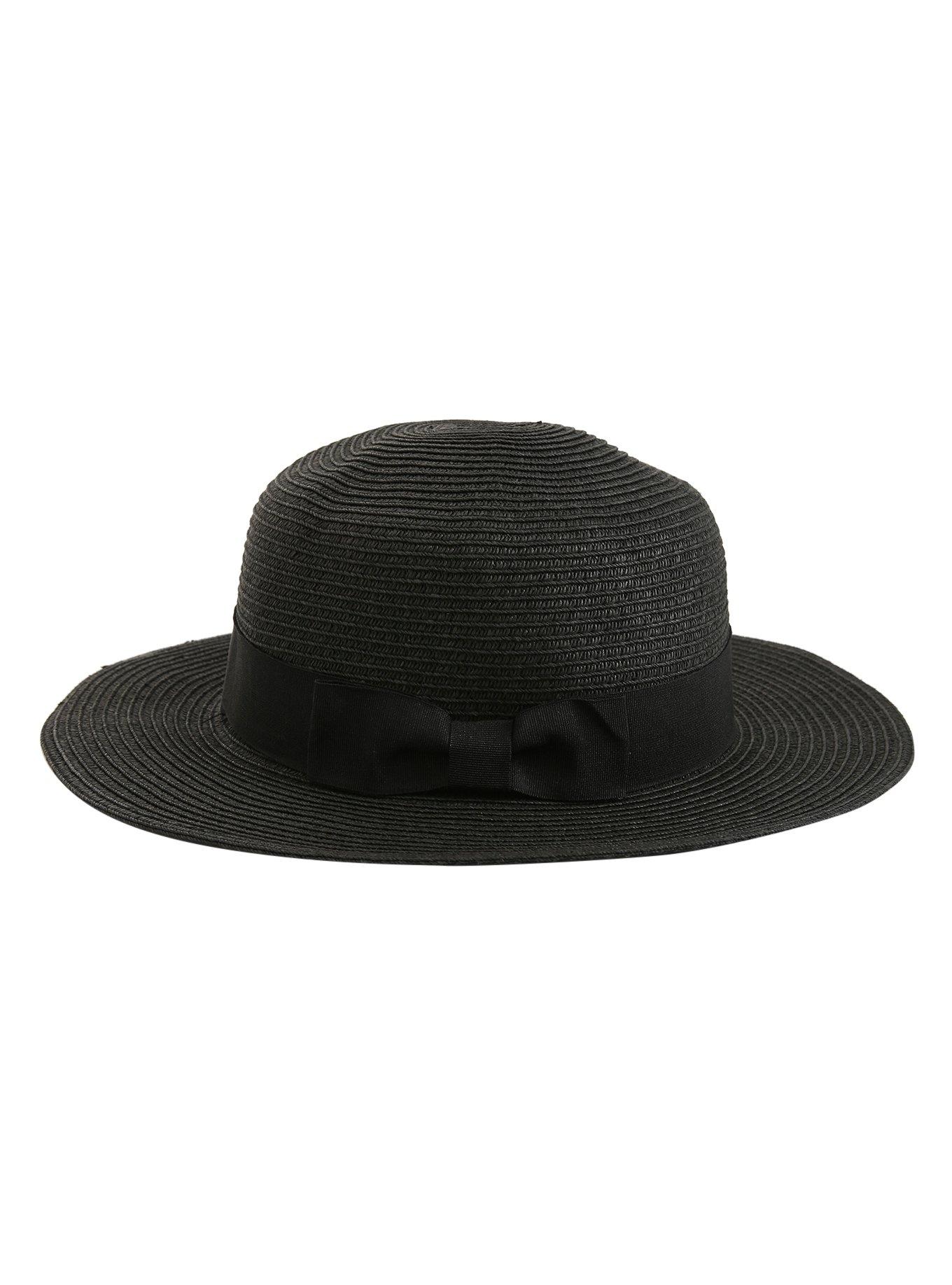 Black Straw Boater Hat With Bow, , alternate