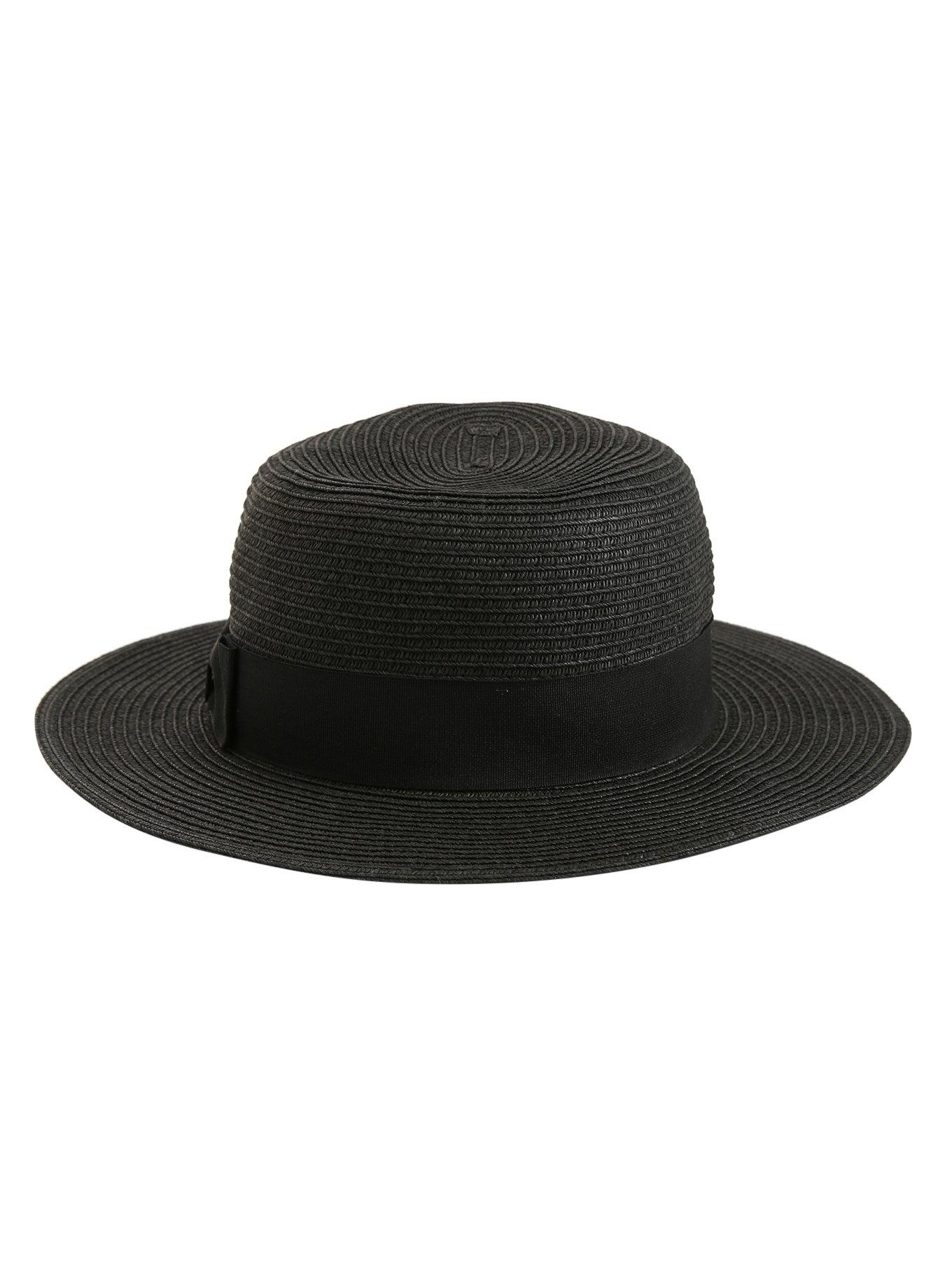 Black Straw Boater Hat With Bow, , alternate