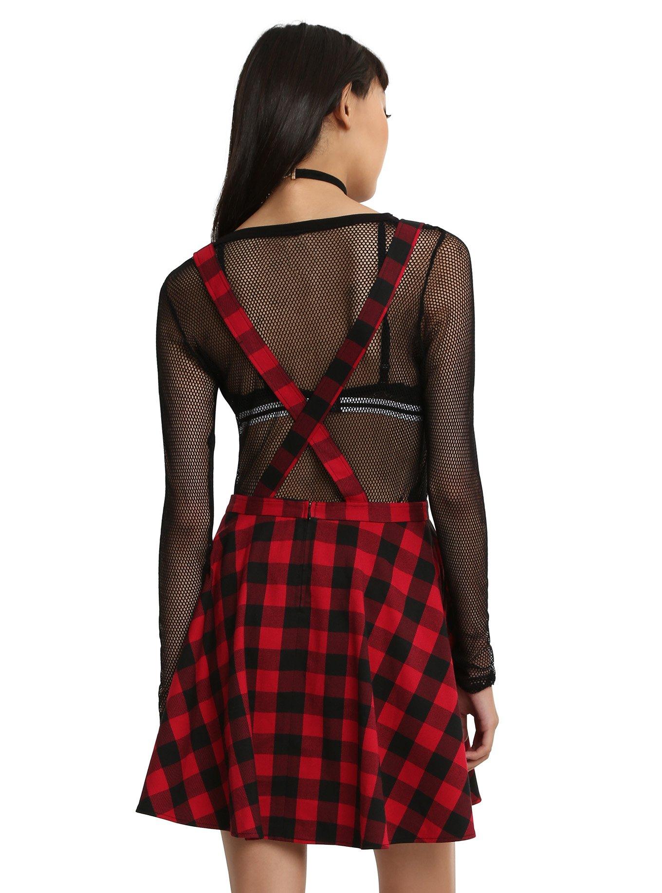 Red & Black Plaid Overall Dress, , alternate