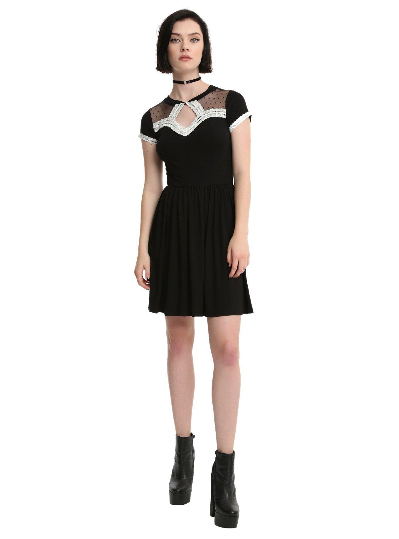 Black Swiss Dot Mesh Keyhole Dress, , alternate
