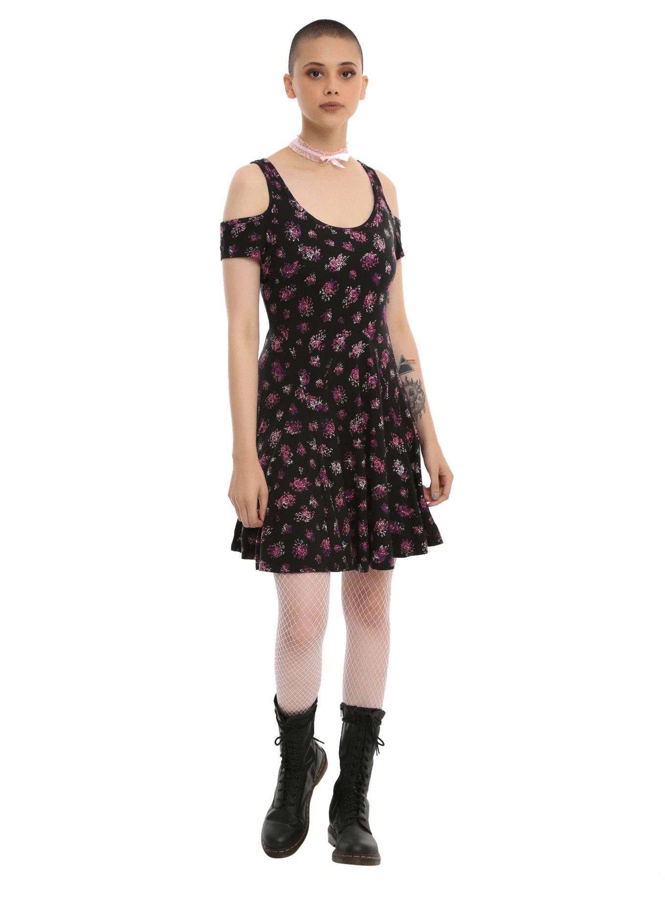 Music Note Floral Cold Shoulder Dress, , alternate