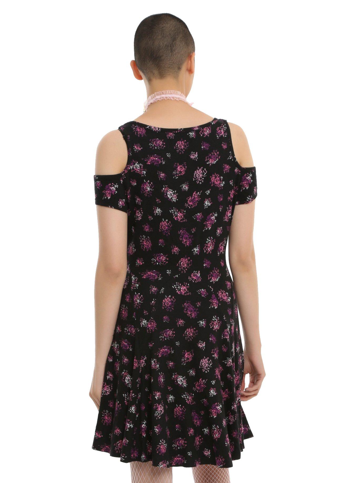 Music Note Floral Cold Shoulder Dress, , alternate