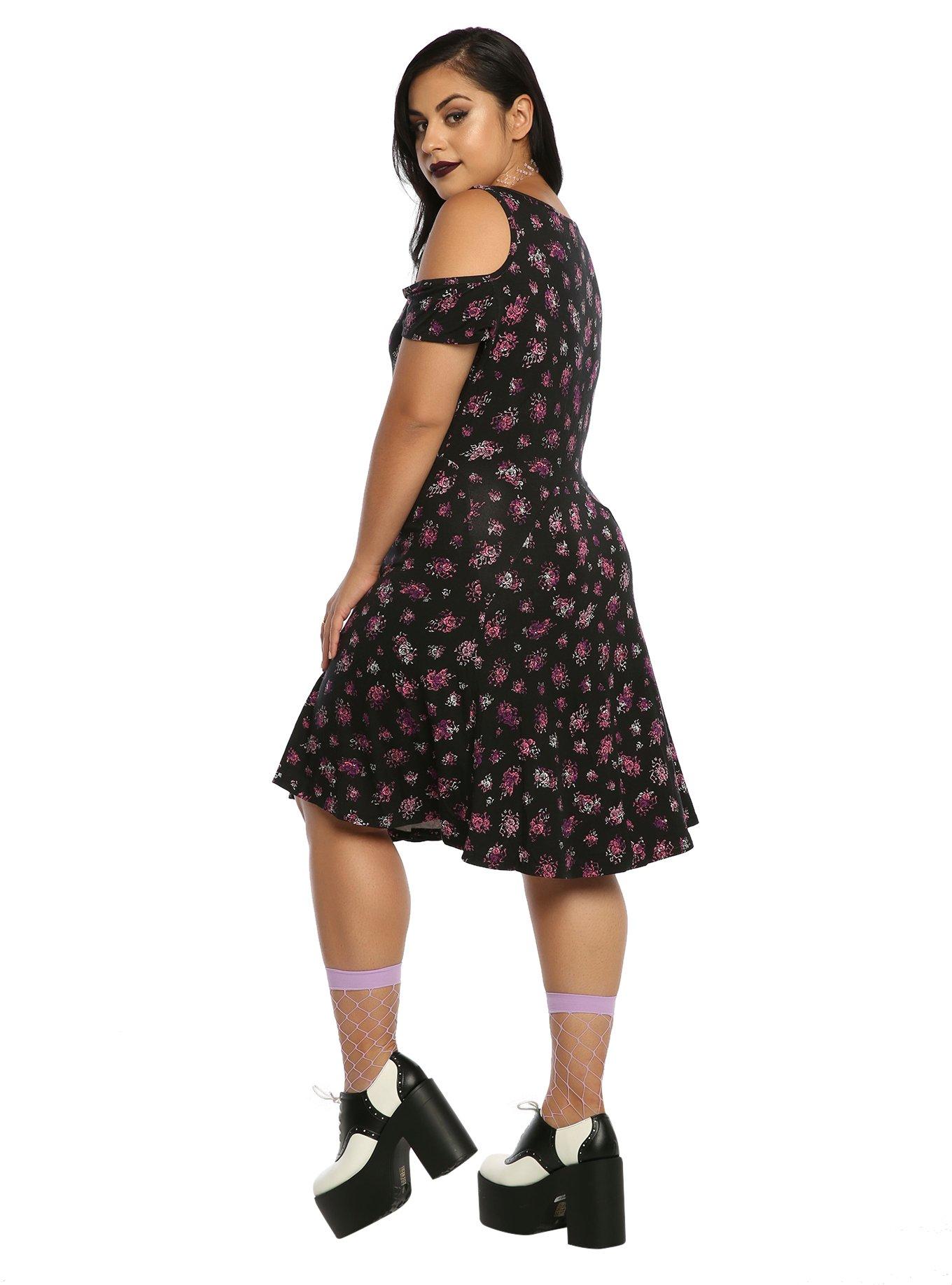 Music Note Floral Cold Shoulder Dress Plus Size, , alternate