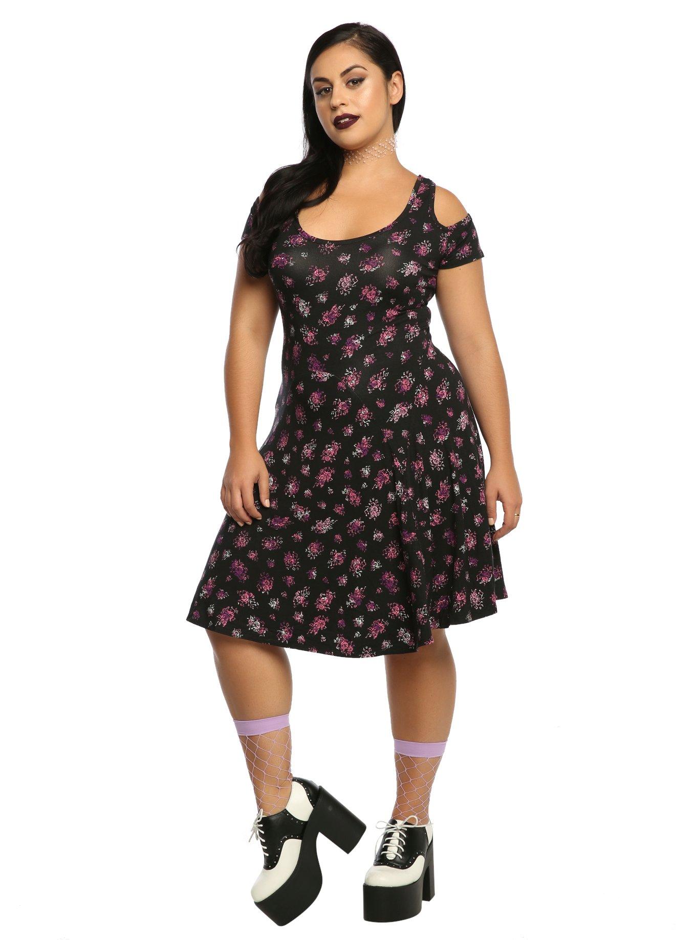 Music Note Floral Cold Shoulder Dress Plus Size, , alternate