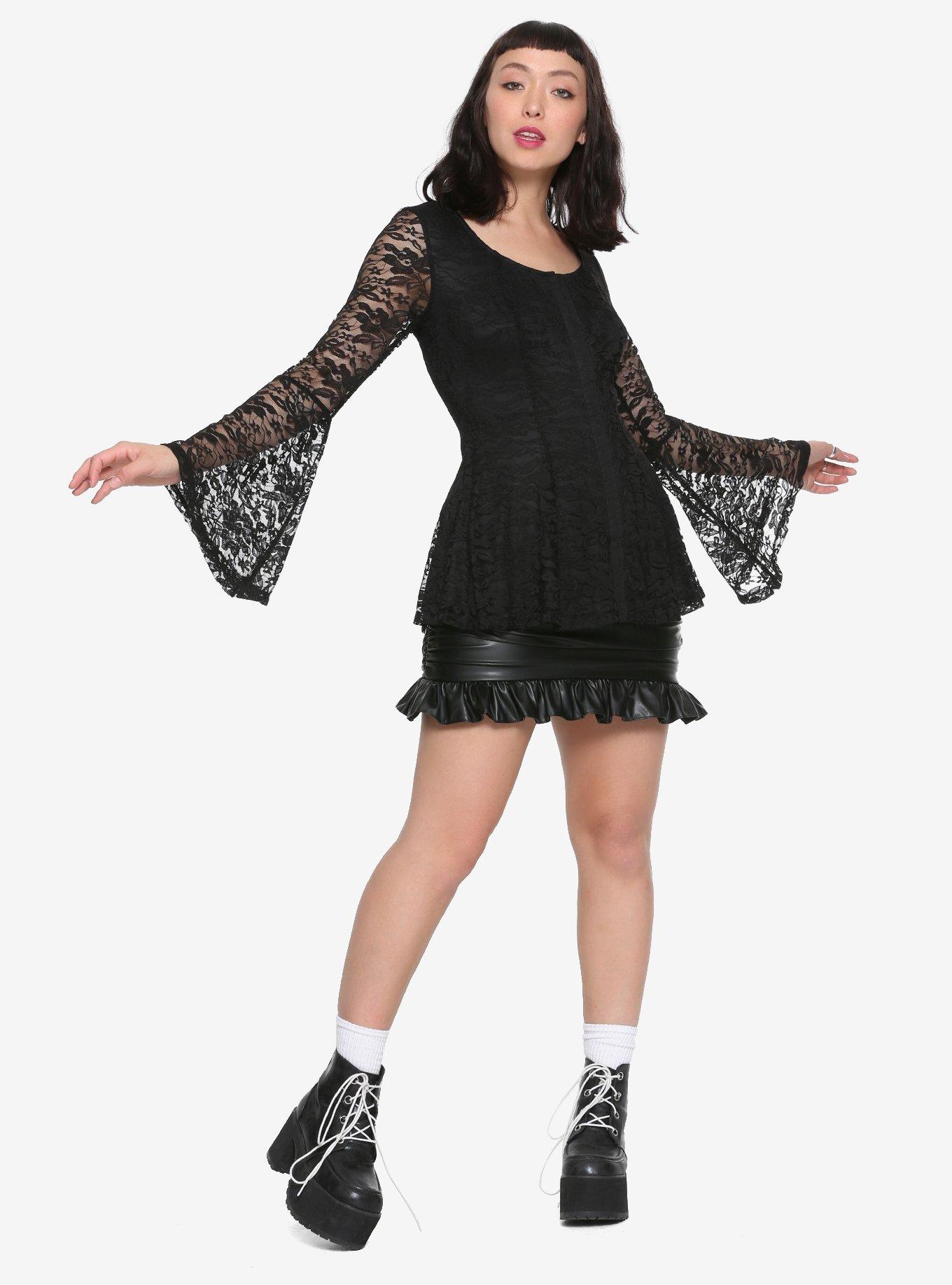 Black Lace Bell Sleeve Girls Peplum Top, , alternate