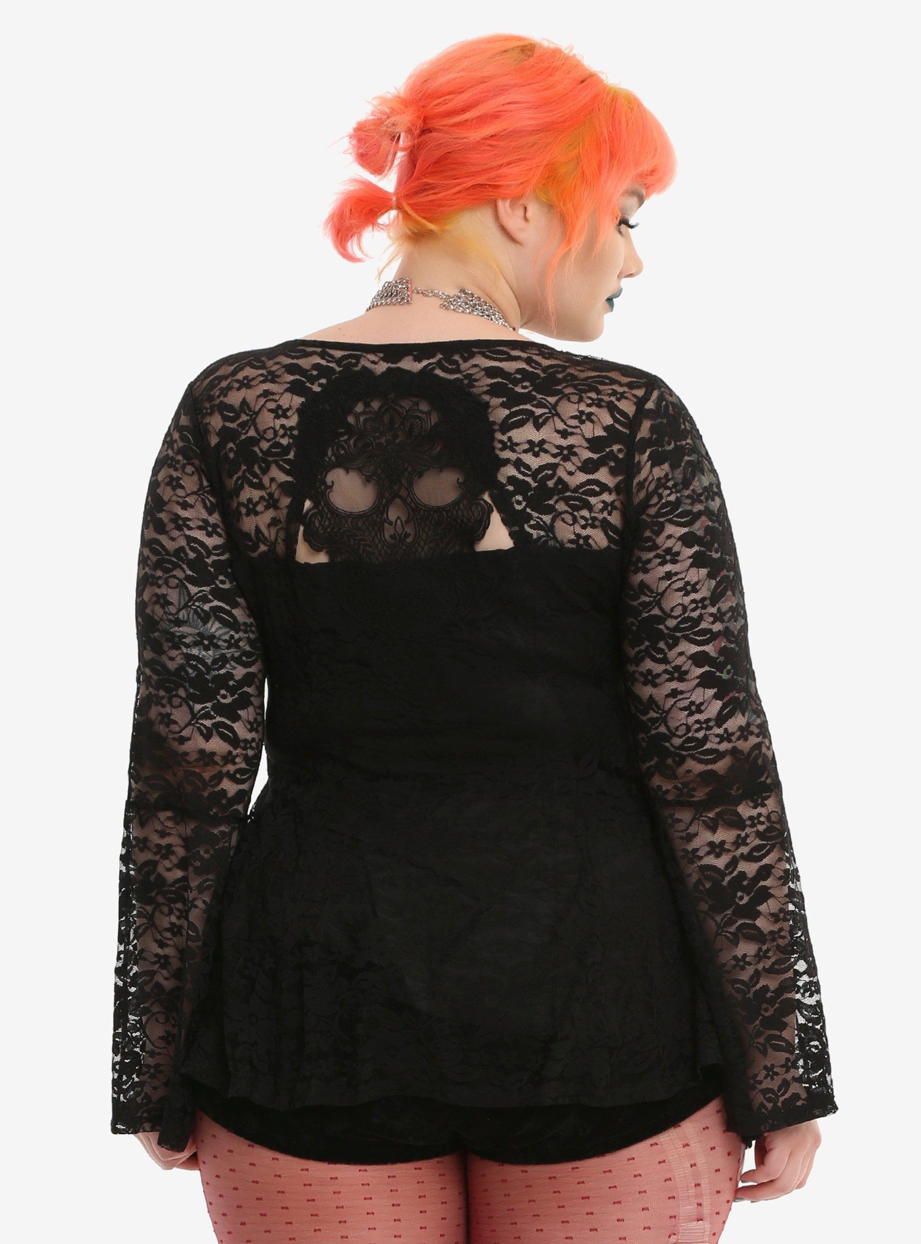 Black Lace Bell Sleeve Girls Peplum Top Plus Size, , alternate