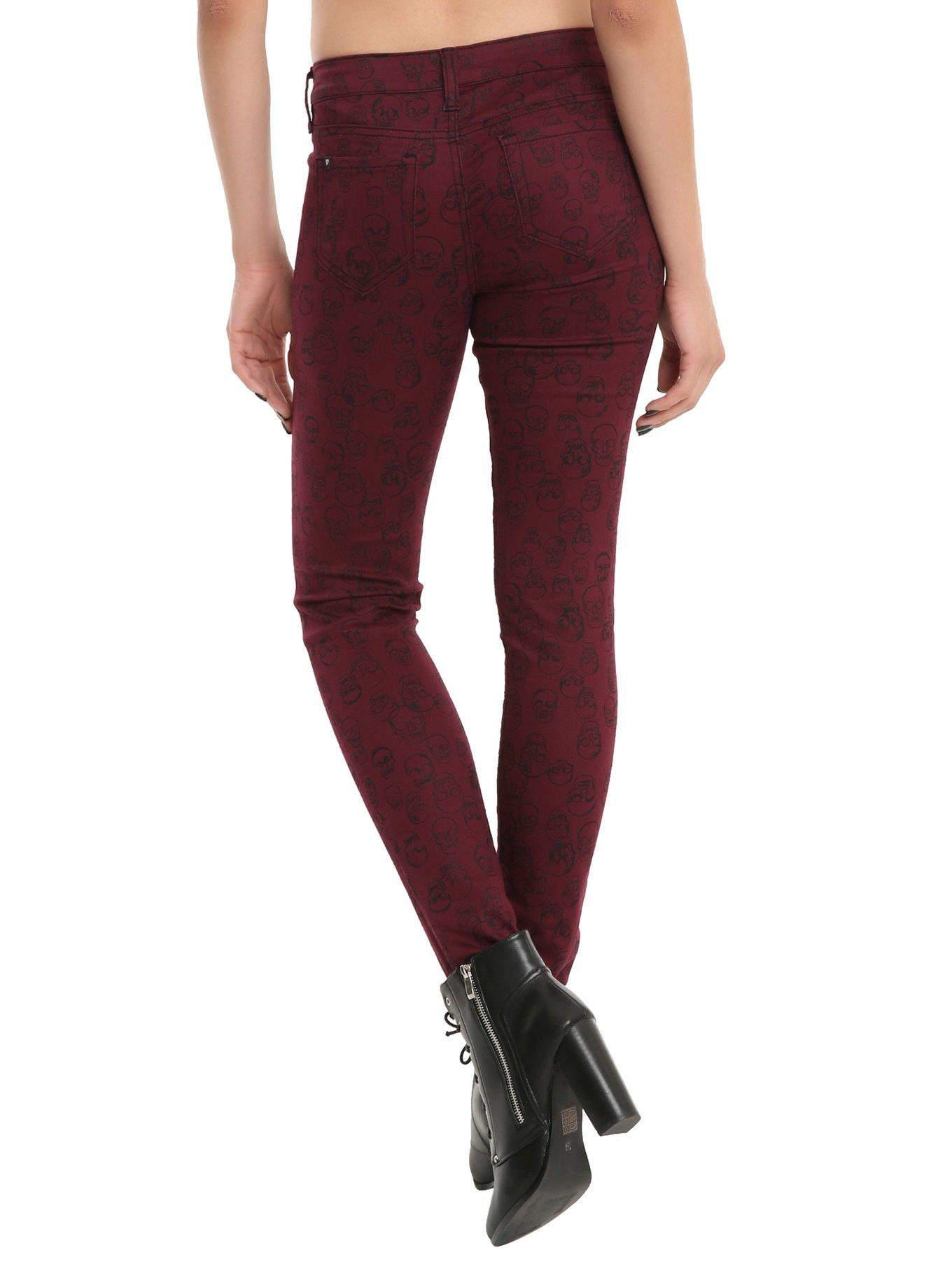 Blackheart Burgundy Skull Print Skinny Jeans, , alternate