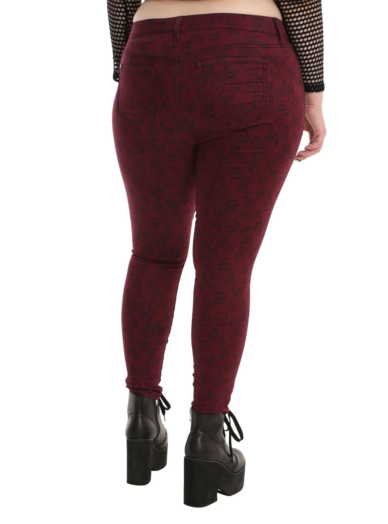 Blackheart Burgundy Skull Print Skinny Jeans Plus Size, , alternate