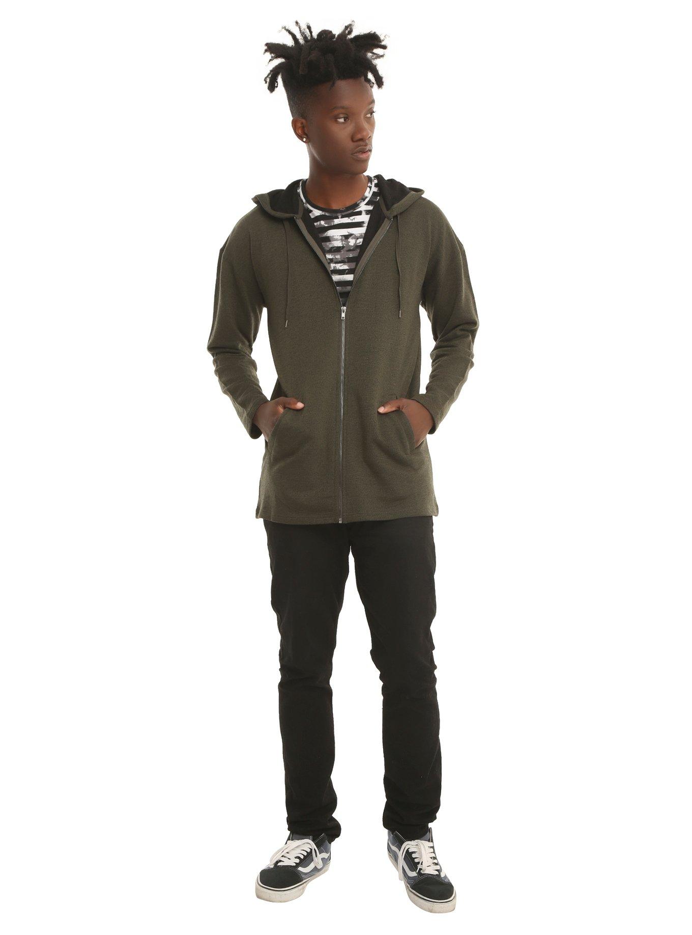 Olive Long French Terry Zip-Up Hoodie, , alternate