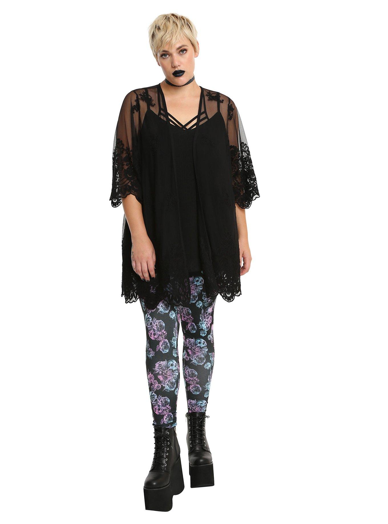 Black Embroidered Floral Skull Kimono Plus Size, , alternate