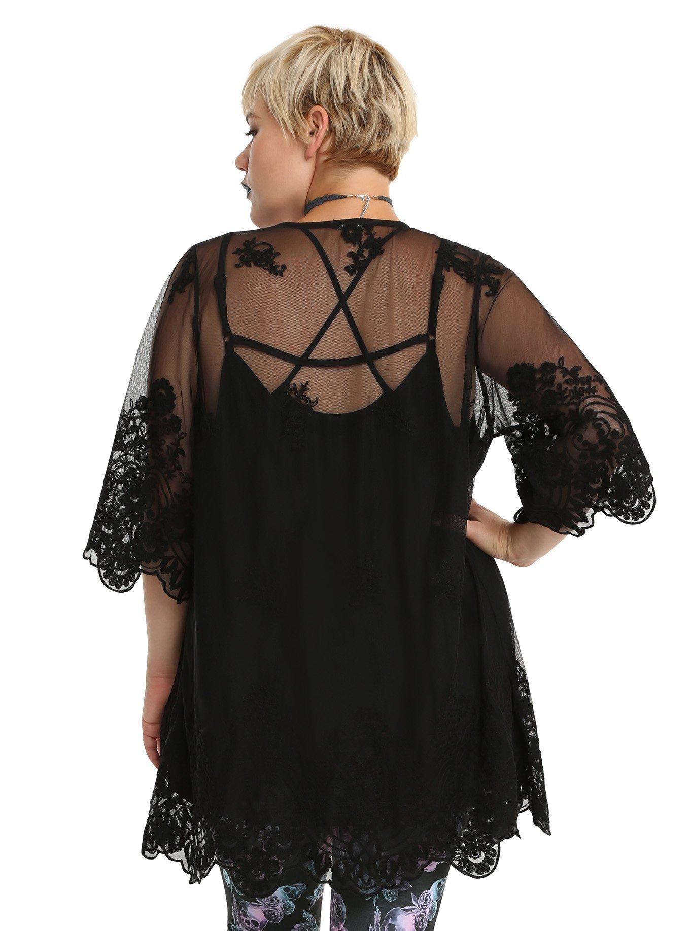 Black Embroidered Floral Skull Kimono Plus Size, , alternate