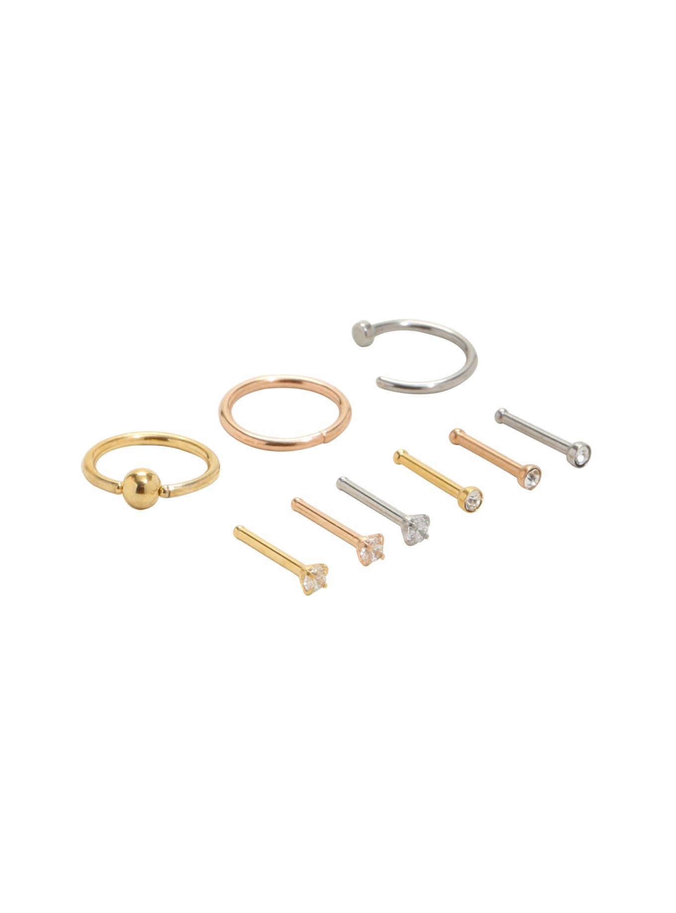 Steel Dainty Nose Hoop & Stud 9 Pack, , alternate