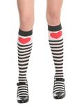 Black & White Striped Red Heart Knee-High Socks, , alternate