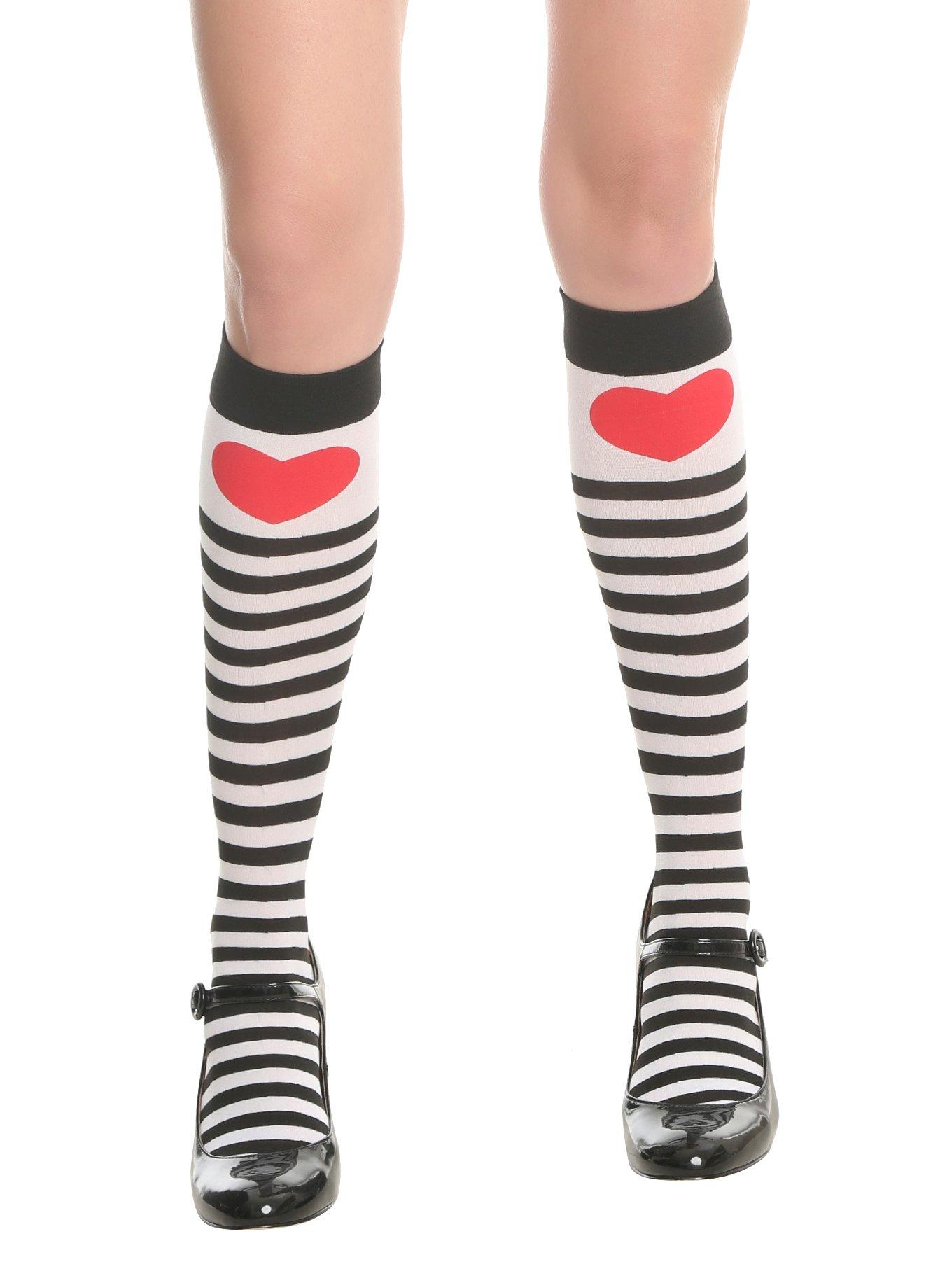 Black & White Striped Red Heart Knee-High Socks, , alternate