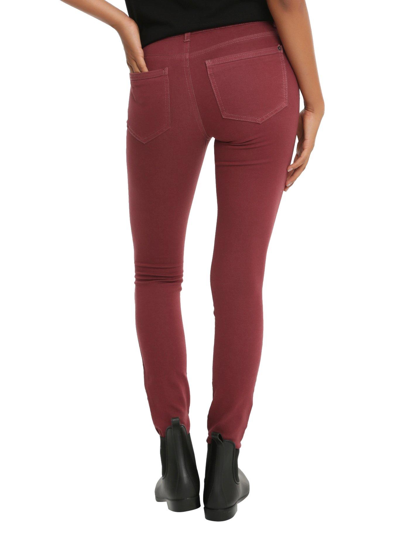 Faded Burgundy Destructed Skinny Jeans, RED, alternate